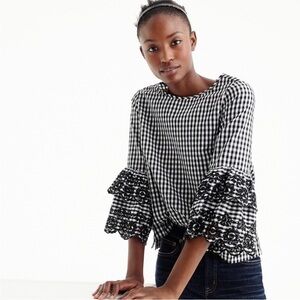 J.Crew Tiered Embroidered Bell-Sleeve Top In Gingham